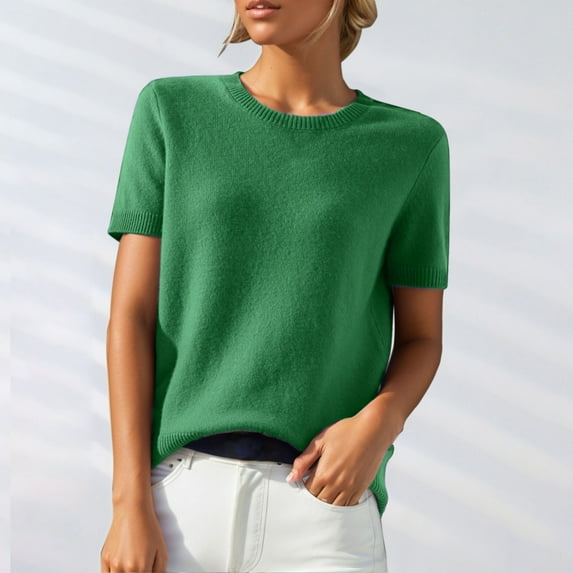 TANGNADE Women's Round Neck Short Sleeved Loose T Shirt with A Knit, Bottom Loose Fitting Comfy Summer Polyester Top Green XL