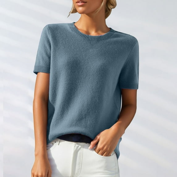 TANGNADE Women's Round Neck Short Sleeved Loose T Shirt with A Knit, Bottom Loose Fitting Comfy Summer Polyester Top Sky Blue XL