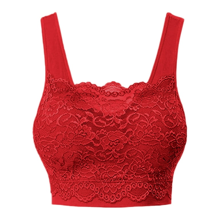 TANGNADE Women's Seamless Lace Bra Top With Front Lace Cover Sports Bra Red  + S 