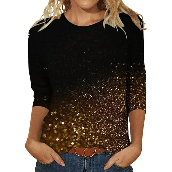 TANGNADE Women's Sequin T Shirt Design Three Sleeved Round Neck Fashion Top, Orange 3XL