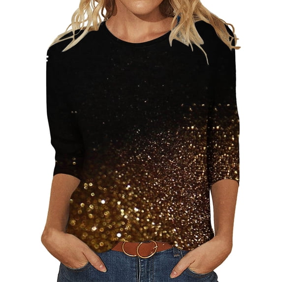TANGNADE Women's Sequin T Shirt Design Three Sleeved Round Neck Fashion Top, Orange M