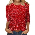 thumbnail image 1 of TANGNADE Women's Sequin T Shirt Design Three Sleeved Round Neck Fashion Top, Red M, 1 of 3