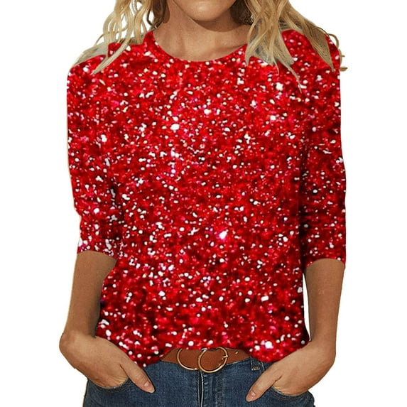 TANGNADE Women's Sequin T Shirt Design Three Sleeved Round Neck Fashion Top, Red M