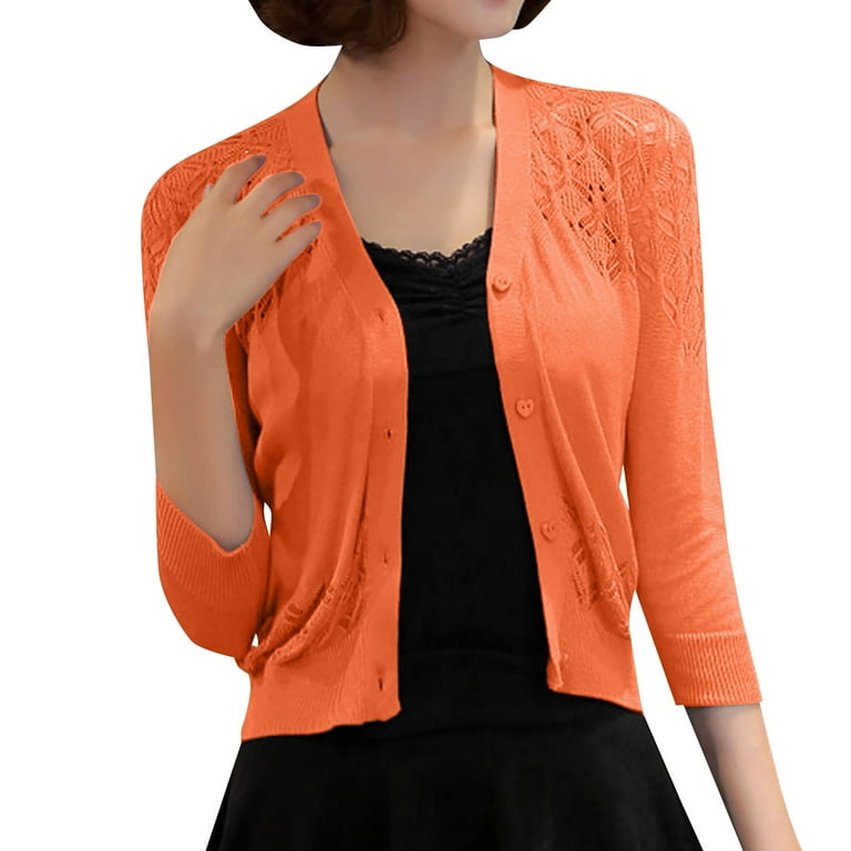 TANGNADE Women s Solid Color Cardigan Hollow Out Knit Sweater Short Coat Orange XL