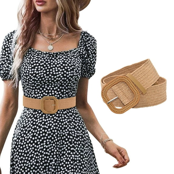 TANGNADE Womens Belts For Dresses Women Belt Straw Woven Elastic Stretch Wide Waist With Buckle Belt Beige