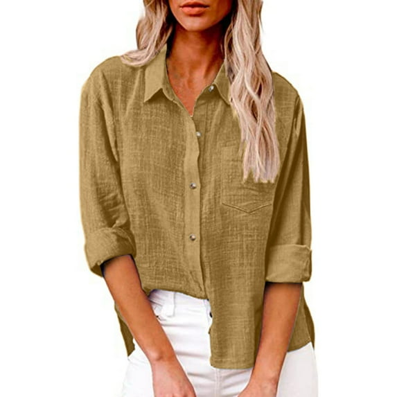 TANGNADE Womens Summer Solid Color Tops for Women 2024 Ladies Casual Spring Summer Cotton Linen Lapel Tie Pocket Long Sleeve Shirt Khaki 4XL