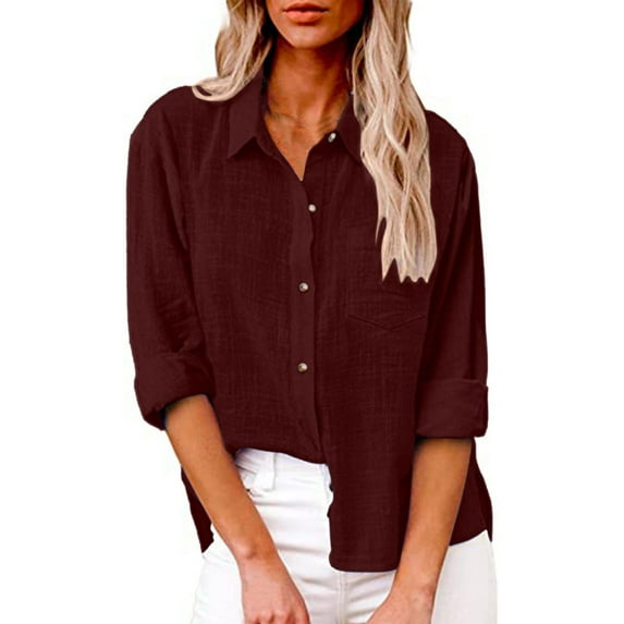 TANGNADE Womens Summer Solid Color Tops for Women 2024 Ladies Casual Spring Summer Cotton Linen Lapel Tie Pocket Long Sleeve Shirt Wine 4XL