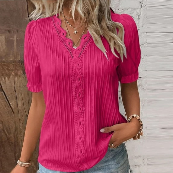 TANGNADE Womens Summer Tops for Women Lace V Neck Plain Lace Elegant Shirt Fashion Solid Color Elegant Blouse Short Sleeve Comfy Soft Tee Hot Pink XXL