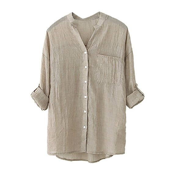 TANGNADE Womens Summer Tops for Women 2024 Shirt Sun Loose Thin Three Quarter Sleeve Cotton And Linen Top with Stand Collar Beige M