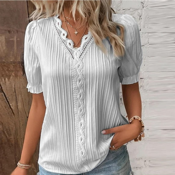 TANGNADE Womens Summer Tops for Women Lace V Neck Plain Lace Elegant Shirt Fashion Solid Color Elegant Blouse Short Sleeve Comfy Soft Tee Grey 5XL