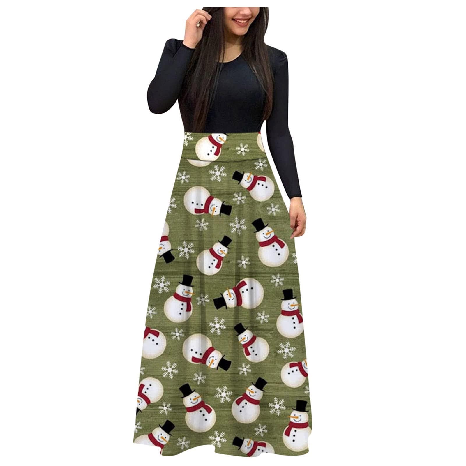 Pre-Owned TANGON Long Sleeve Dress For Women Christmas O-Neck Santa Snowman Print High Waist Boho Maxi Dress Casual Party Evening Dress