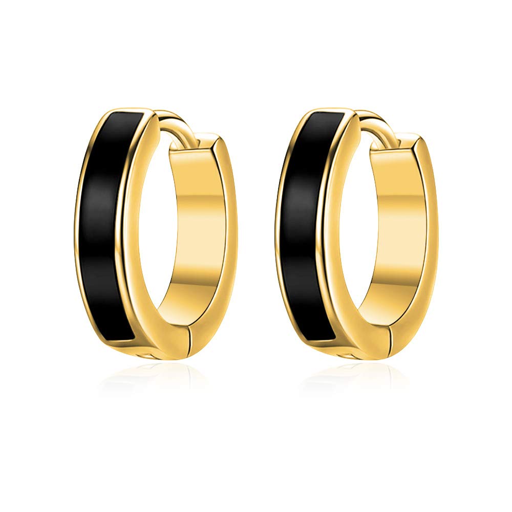 TANGPOET 18k Gold Plated Mens Earrings Black Small Hoop Earrings Sterling Silver Hypoallergenic No Nickel for Sensitive Ears (yellow)…