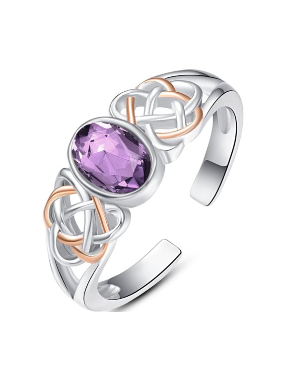 925 Sterling SIlver Ring Birthstone Ring Turquoise Moss White Opal Ring for Women Celtic Knot Open Adjustable Thrumb Ring (B02-Birthstone-February-Purple Amethyst)