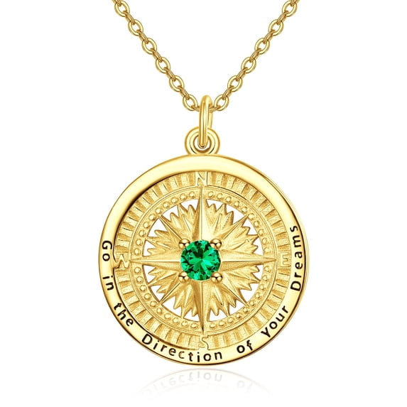TANGPOET 925 Sterling Silver Birthstone Compass Necklace, May Gold