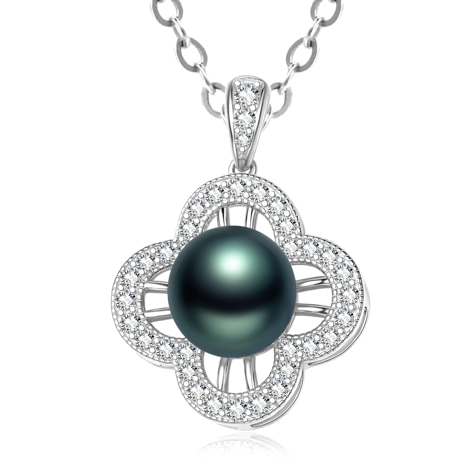 TANGPOET 925 Sterling Silver Clover Black Pearl Necklace Women