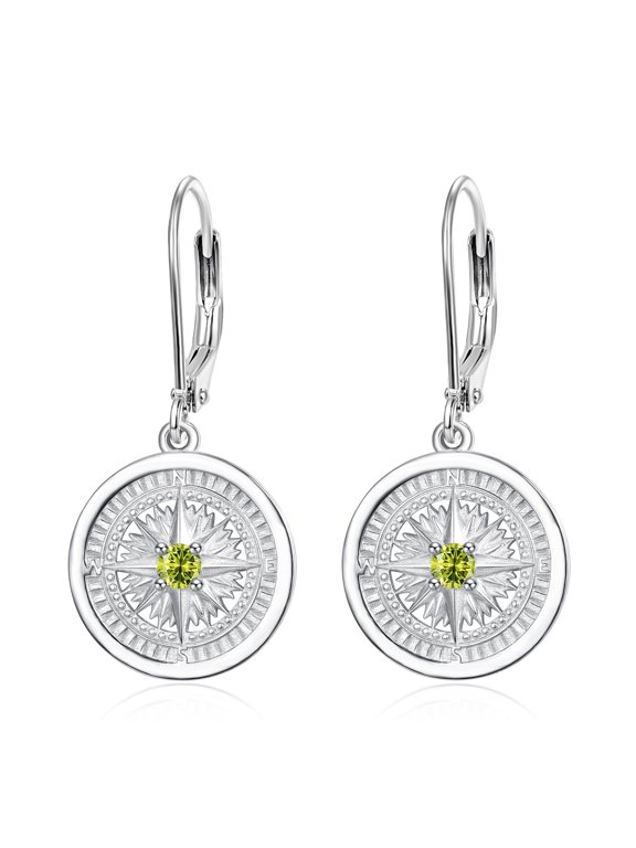 925 Sterling Silver Compass Drop Birthstone Earrings, August