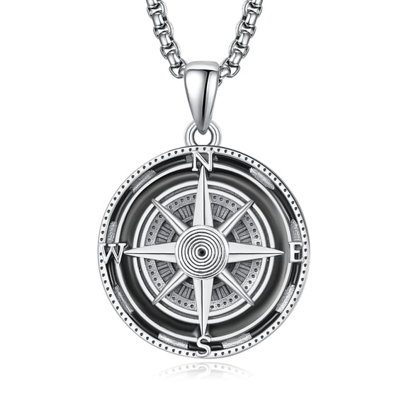 TANGPOET 925 Sterling Silver Compass Necklace Gifts for Men, Black