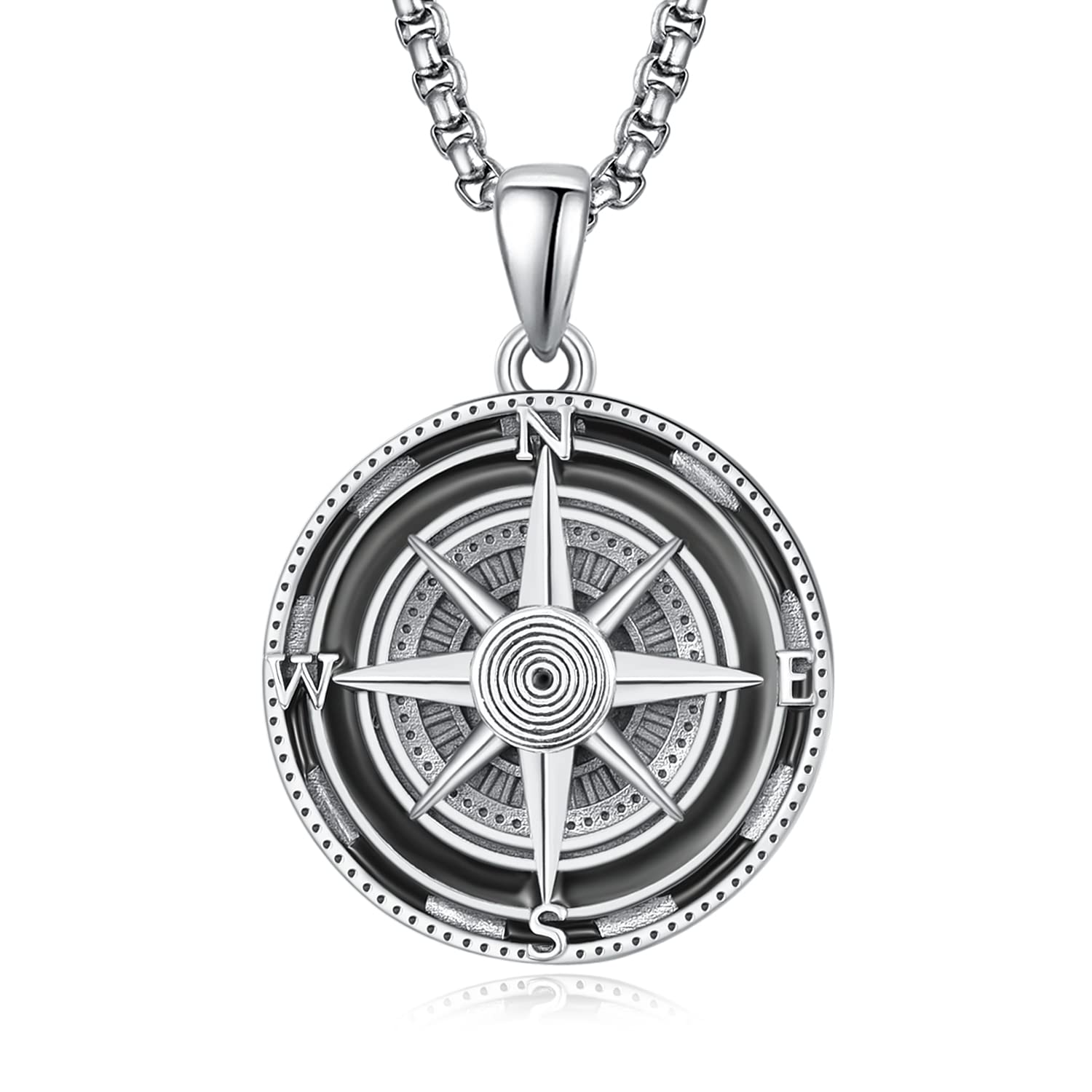 TANGPOET 925 Sterling Silver Compass Necklace Gifts for Men, Black