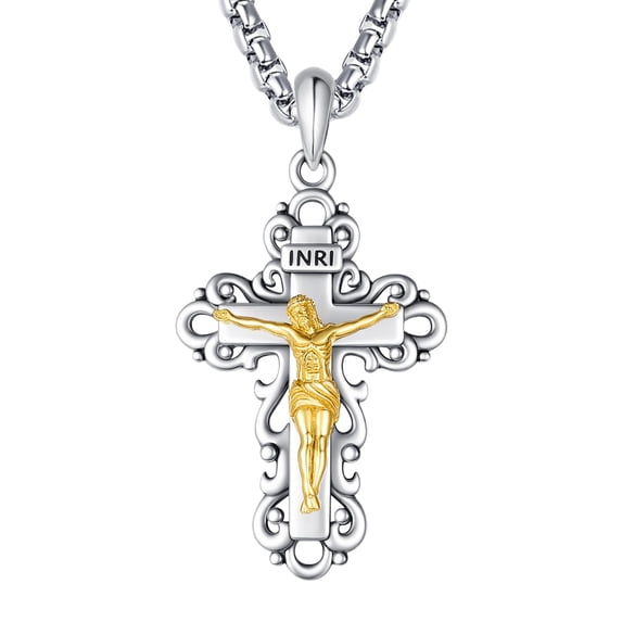 TANGPOET 925 Sterling Silver Cross Crucifix Pendant Necklace for Men Women Saint Medal Christian Religious Necklace for Men Vintage Crucifix Cross Jesus Gold Plated