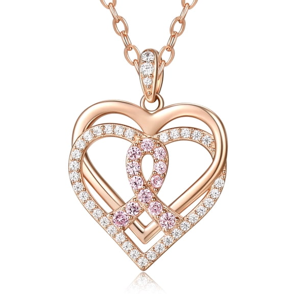 TANGPOET 925 Sterling Silver Heart Pendant Necklace for Women, Rose Gold Plated Pink White Zircon Jewelry