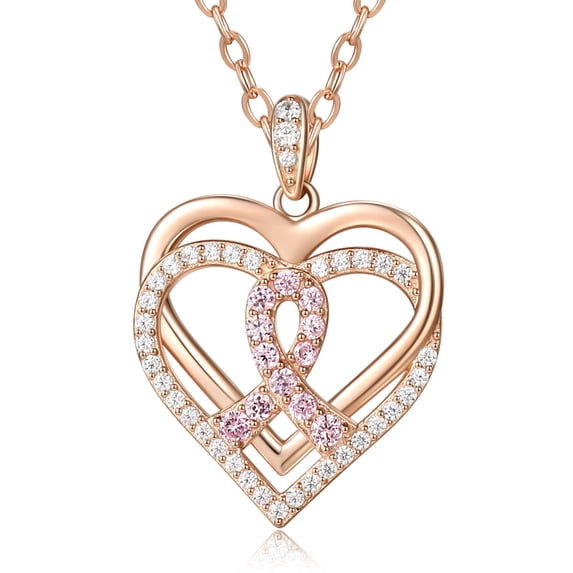 TANGPOET 925 Sterling Silver Heart Pendant Necklace for Women, Rose Gold Plated Pink White Zircon Jewelry
