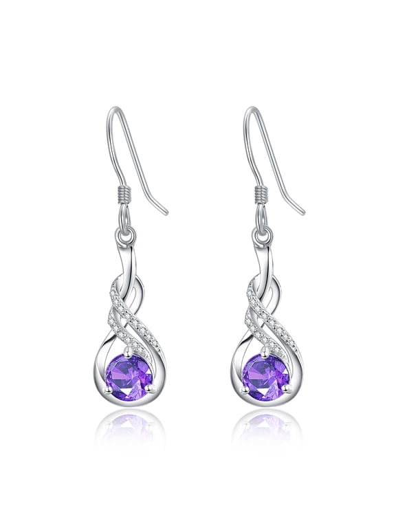 925 Sterling Silver Infinity Twist Drop Earrings, Round Purple Gemstone Dangle Hook Earrings for Women Daily Wear Jewelry