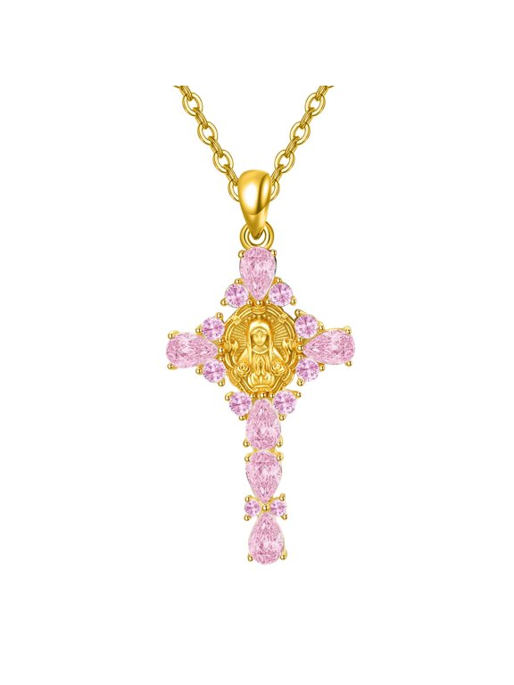 925 Sterling Silver Pink Cross Virgin Mary Necklace Catholic Gifts