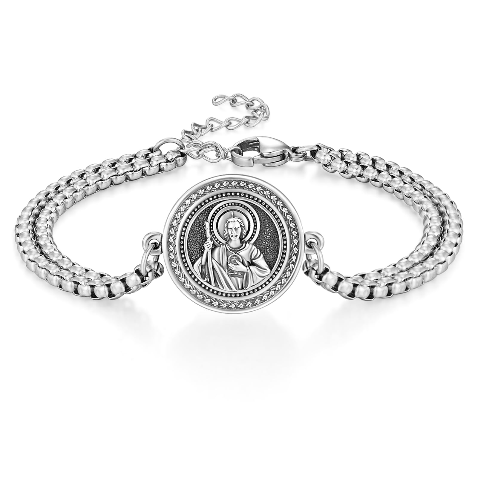 TANGPOET 925 Sterling Silver San Judas Tadeo Catholic Religious Medal Multi Strand Rolo Chain Bracelet for men