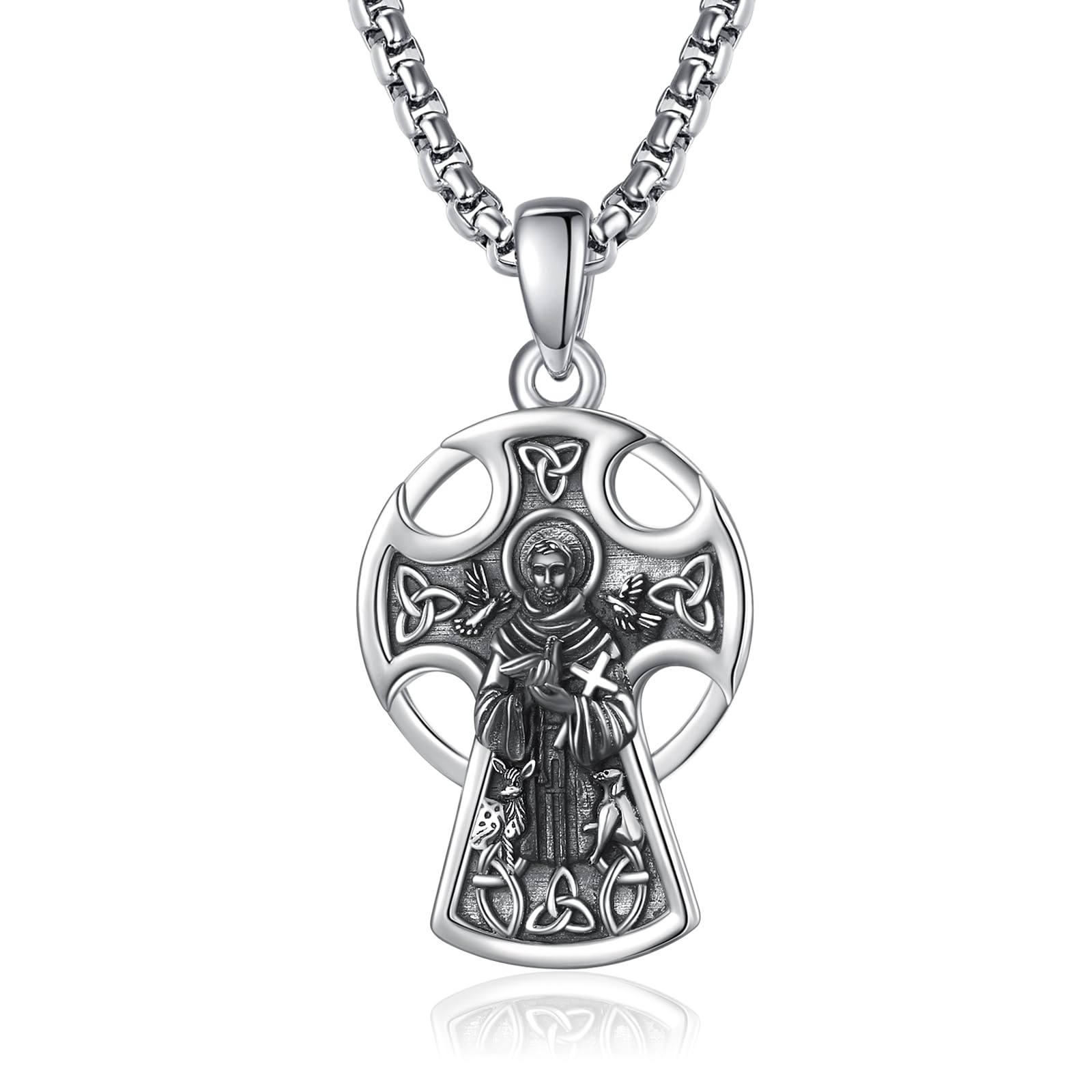 TANGPOET 925 Sterling Silver St. Francis Celtic Cross Necklace for Men