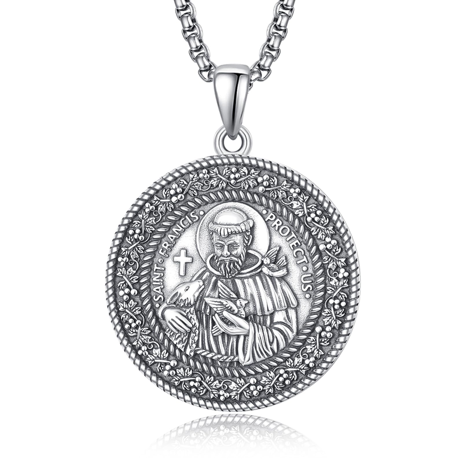 TANGPOET 925 Sterling Silver St Francis of Assisi Necklace for Men