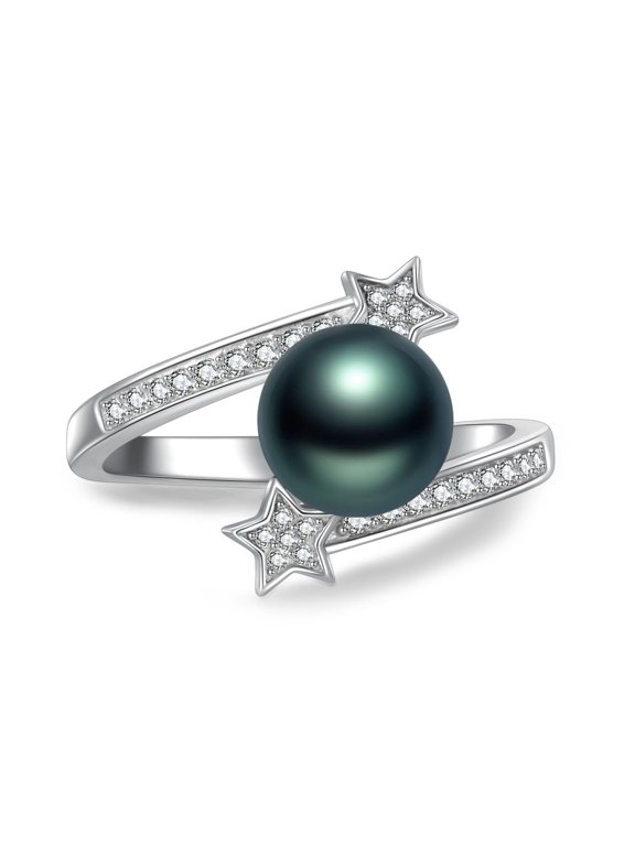 925 Sterling Silver Star Black Pearl Ring for Women #9