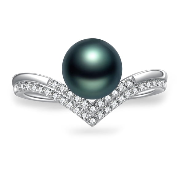 TANGPOET 925 Sterling Silver V Shape Ring, Single Black Pearl with CZ Accent Crown Style Fine Jewelry for Women