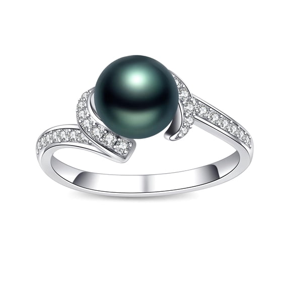 TANGPOET 925 Sterling Silver Wave Band Black Pearl Ring for Women #7