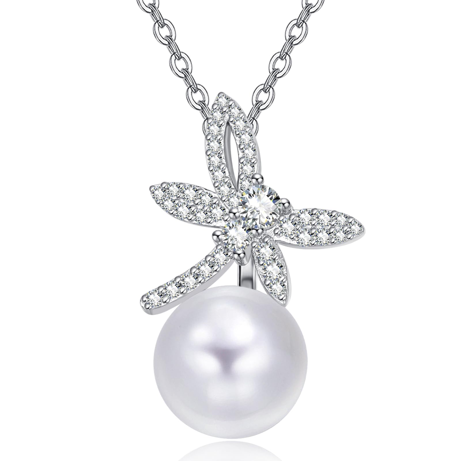 TANGPOET 925 Sterling Silver White Pearl Dragonfly Necklace for Women