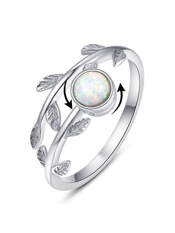Anxiety Ring Women Sterling Silver Fidget Ring Anxiety for Women Adjustable Open Stress Relief Ring Opal Leaf Rings