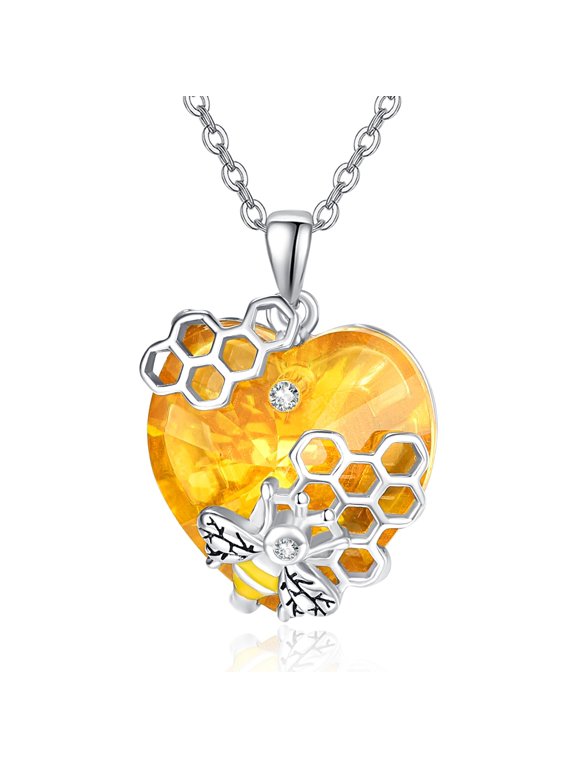 Bee Necklace 925 Sterling Silver Honey Bee Pendant Necklace with Love Heart Citrine Crystal Jewelry Gifts for Birthday everyday Anniversary