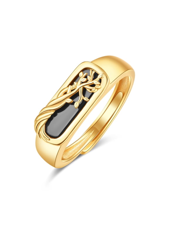 Black Onyx Signet Ring Minimalist Tree of Life Statement Rings Chunky 14k Gold plated Mens Ring Gift for Him Size 8
