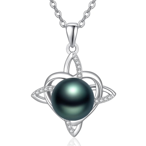 TANGPOET Black Pearl Celtic Heart Necklace for Women 925 Sterling Silver Tahitian Black Pearl Celtic Heart Jewelry Wedding Anniversary everyday Birthday Gifts for Women Wife Her Mom Mother