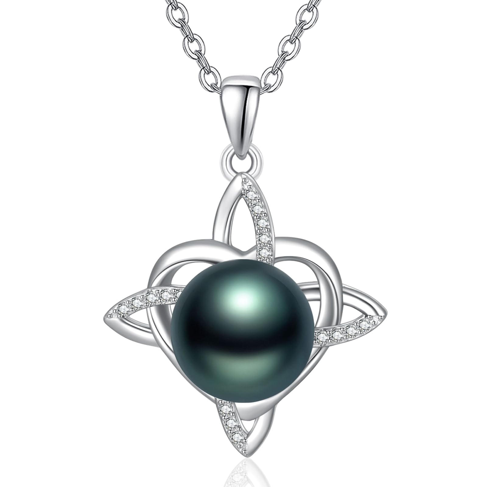 TANGPOET Black Pearl Celtic Heart Necklace for Women 925 Sterling Silver Tahitian Black Pearl Celtic Heart Jewelry Wedding Anniversary everyday Birthday Gifts for Women Wife Her Mom Mother