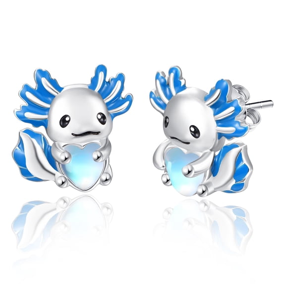 TANGPOET Blue Axolotl Stud Earrings for Women 925 Sterling Silver Moonstone Animal Jewelry Gifts