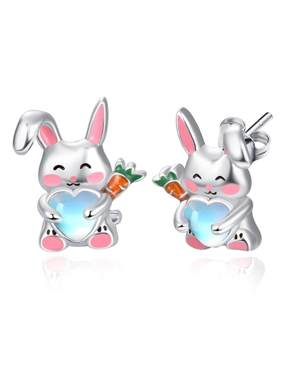 Bunny Rabbit Stud Earrings for Women 925 Sterling Silver Moonstone Animal Earring Easter Birthday Jewelry Gifts