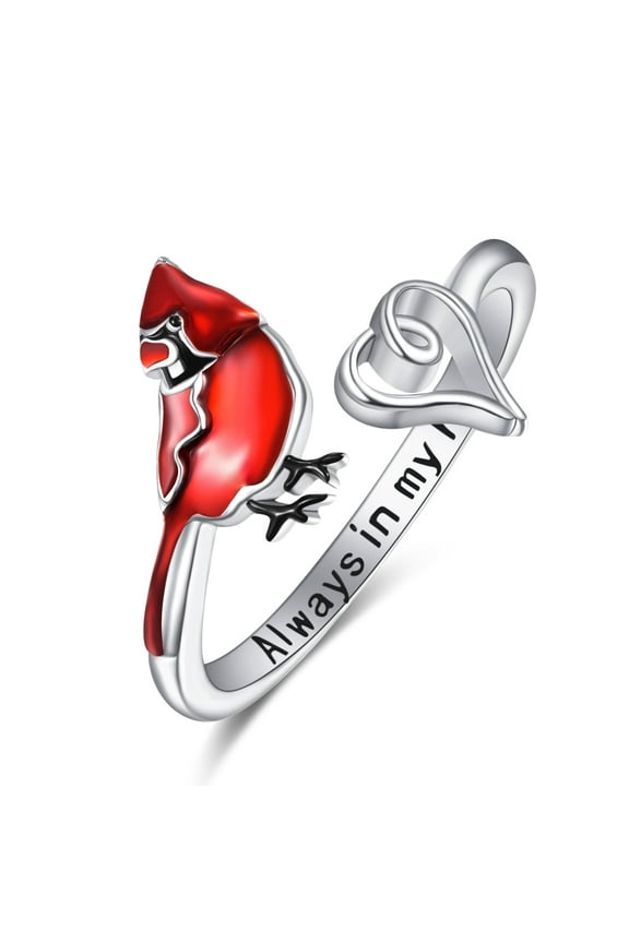 Cardinal Rings Sterling Silver Heart Rings for Women Adjustable Rings Cardinal Bird Jewelry Gifts for Women Women Mom Daughter