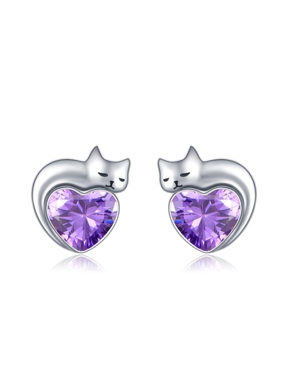 Cat February Birthstone Earrings Sterling Silver Amethyst Cat Stud Earring Jewelry for Women