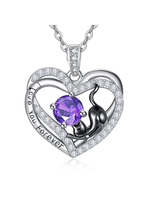 Heart Cat Necklace Sterling Silver Cat Lovers February Birthstone Amethyst Jewelry I Love You Forever Anniversary Birthday Gifts