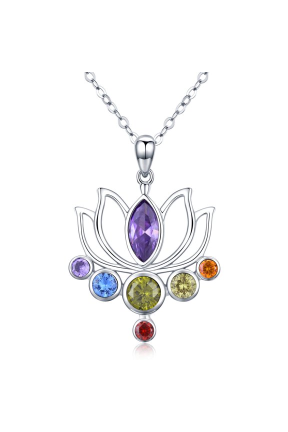 Sterling Silver Lotus Necklace Colorful CZ Pendant Jewelry Gift For Women