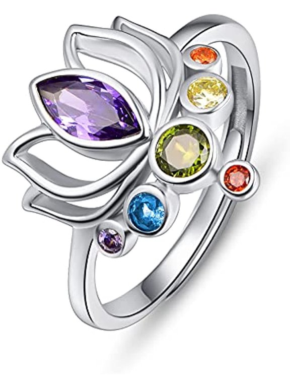 Chakra Flower Rings Female Sterling Silver Yoga Lover 5#-7# Adjustable
