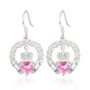 TANGPOET 925 Sterling Silver Claddagh Dangle Earrings for Women, Celtic Knot Hoops with Pink Heart Zircon Jewelry