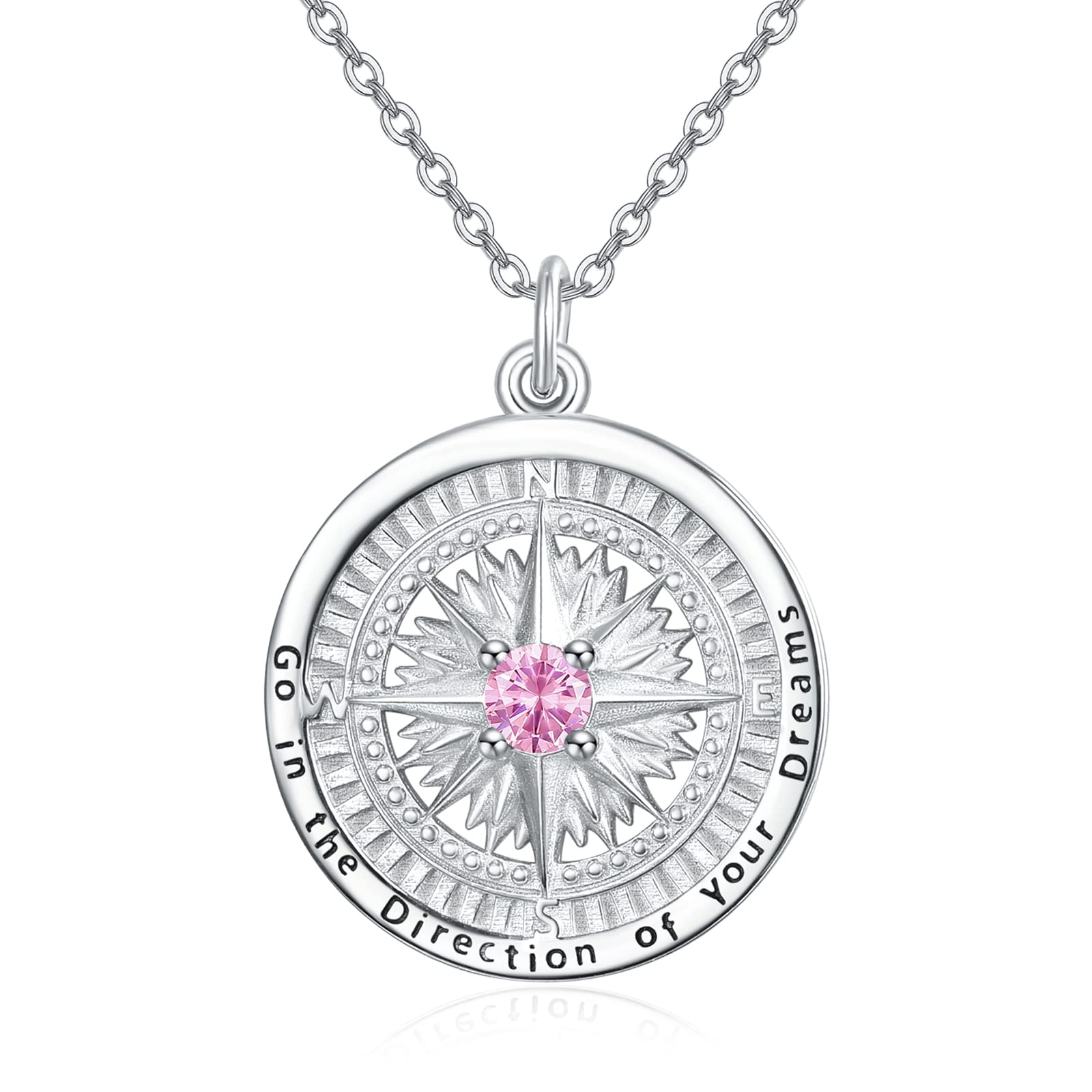 TANGPOET Compass Necklace 925 Sterling Sliver Birthstone Pendant Go in the direction of your dream Compass Jewellery