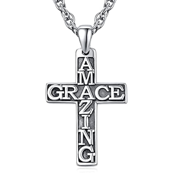 TANGPOET Cross Necklace S925 Unisex AMAZING-GRACE Antiqued Sterling Silver