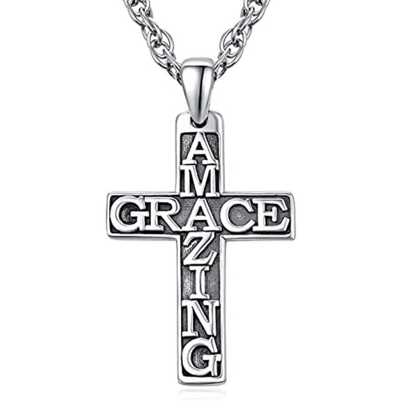 TANGPOET Cross Necklace S925 Unisex AMAZING-GRACE Antiqued Sterling Silver